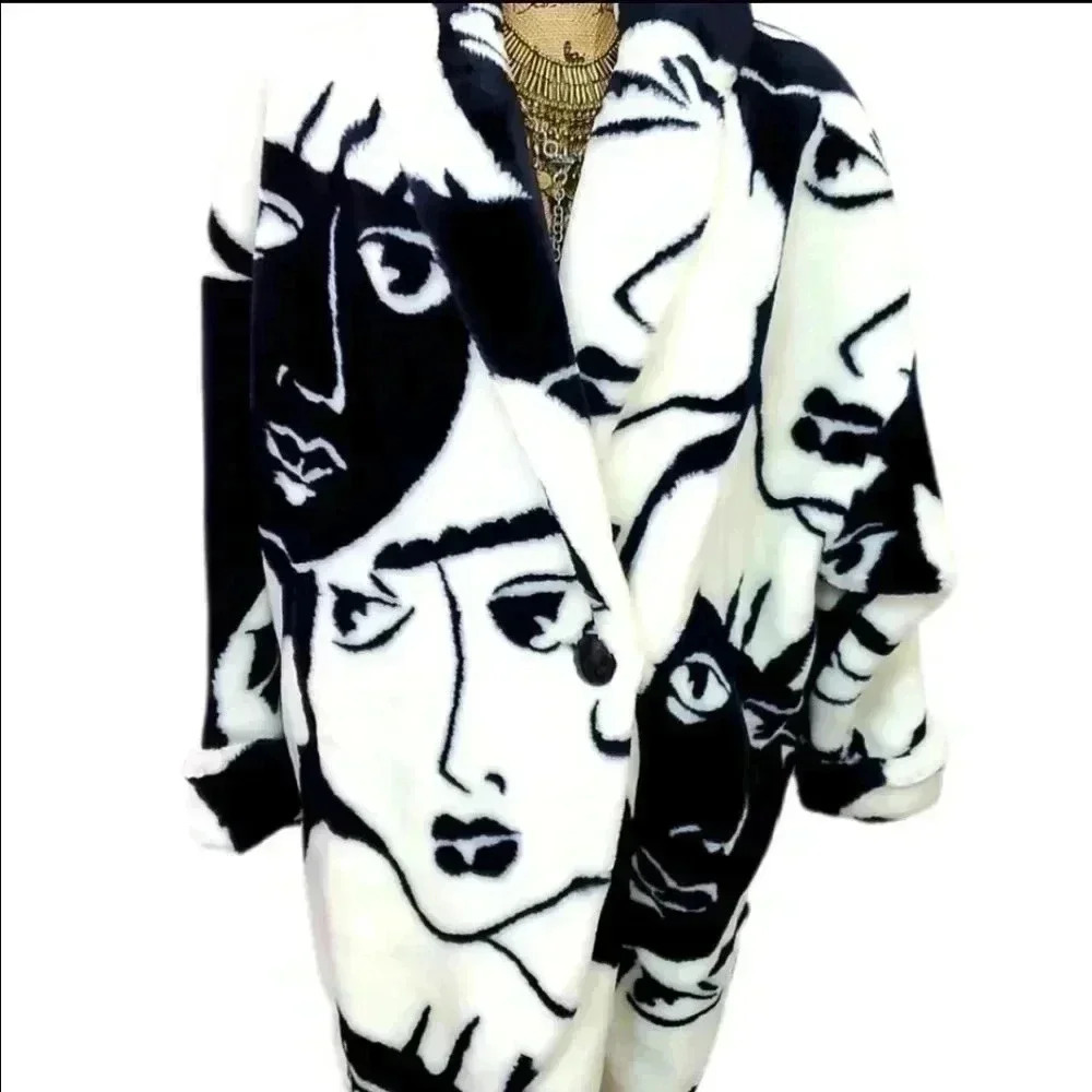 Donny Brook Mob Wife Graphic Faces Faux Fur Coat.. - Picture 4 of 14